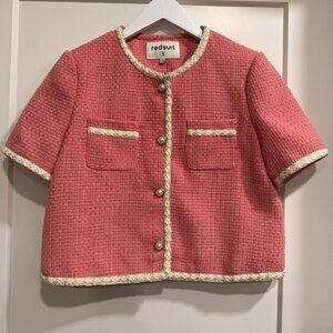 Pink tweed button down short sleeve shirt